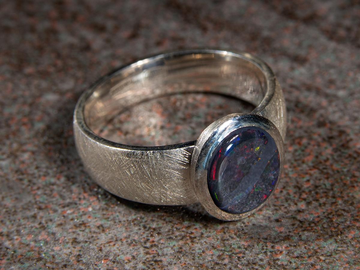 Black Opal Silver Ring Scratching Minimalism Cabochon Gem Unisex 3