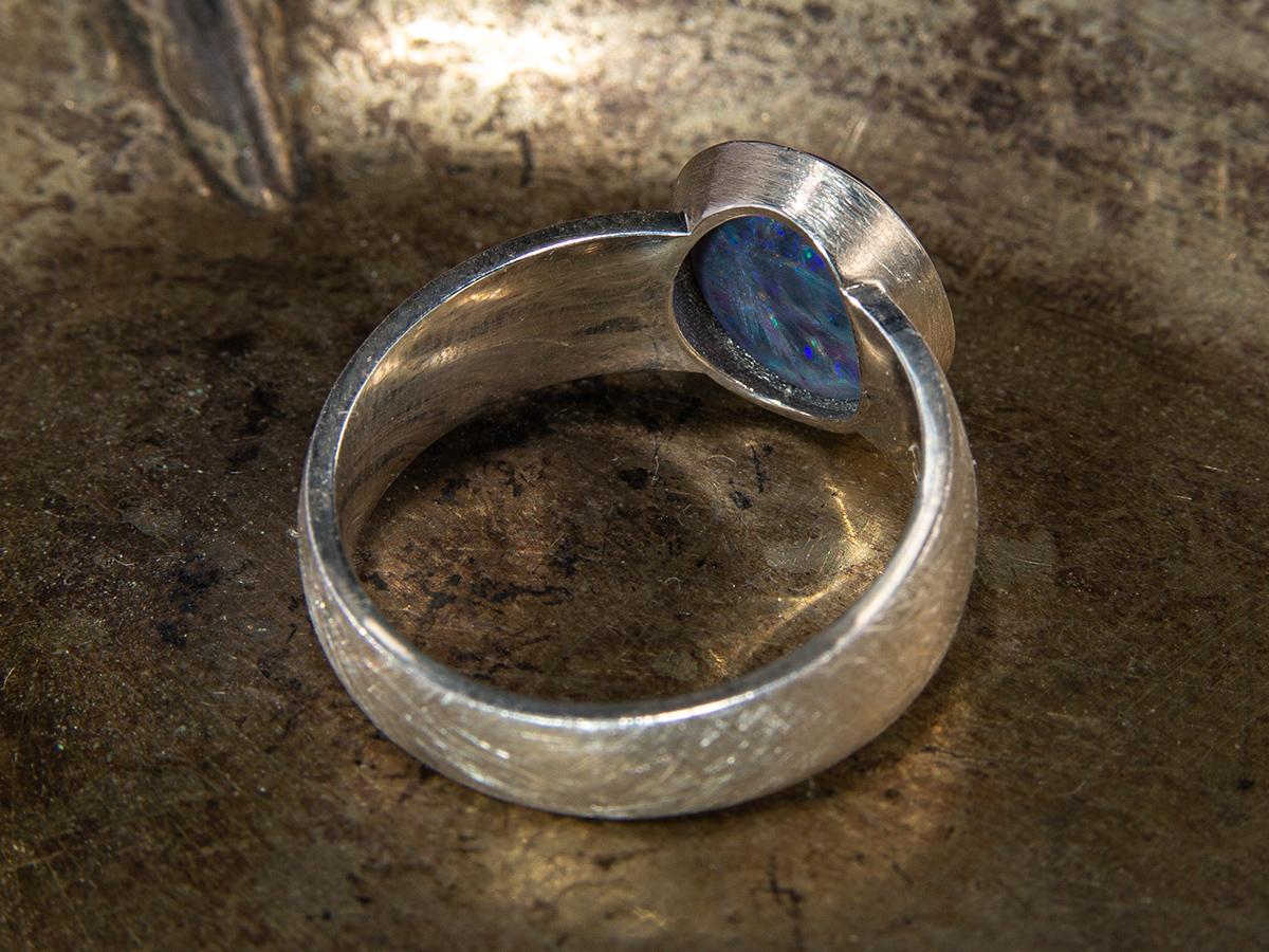 Black Opal Silver Ring Scratching Minimalism Cabochon Gem Unisex 2