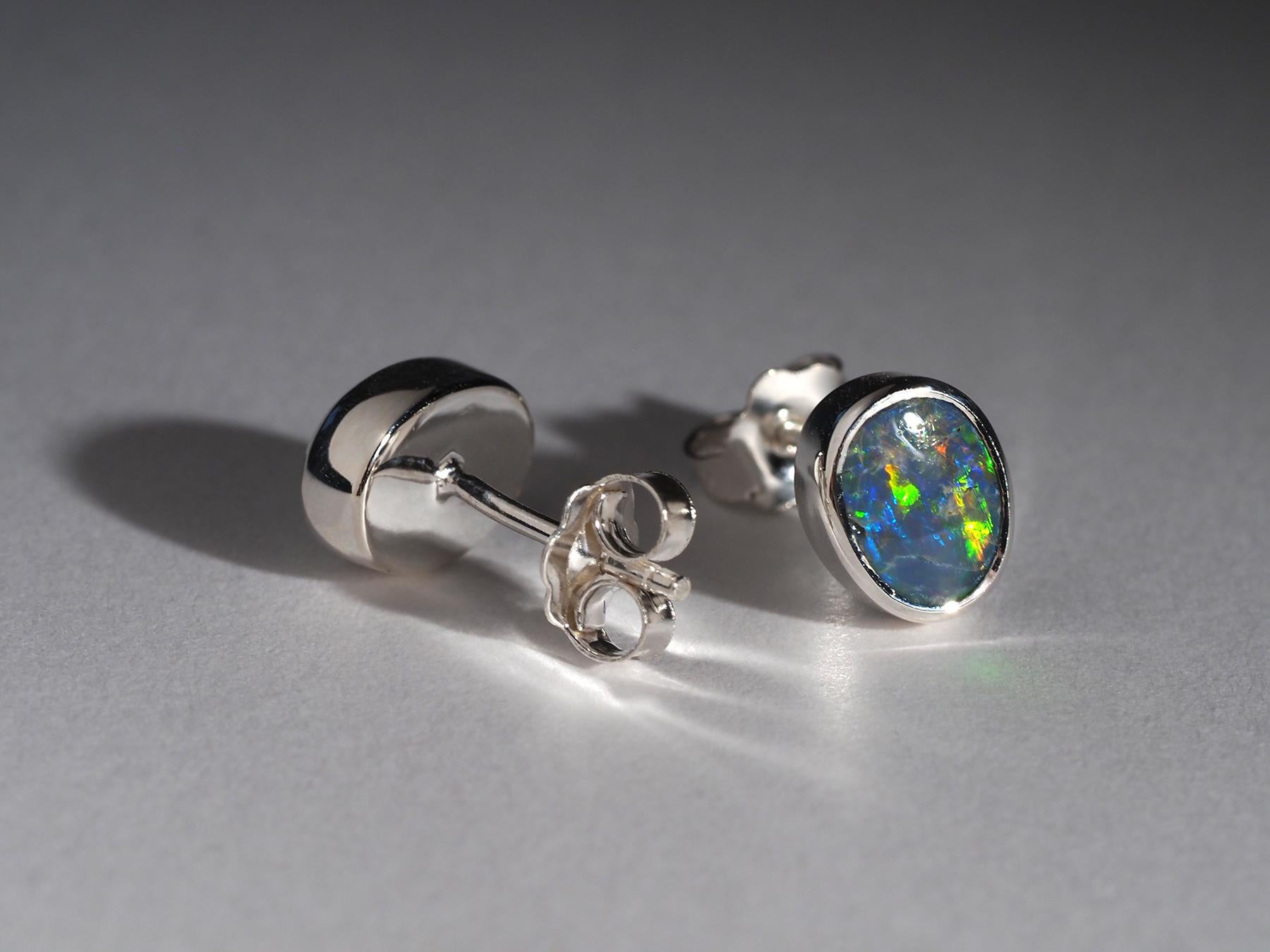 Black Opal Silver Stud Earrings Birthday gift female friend red green blue color For Sale 4