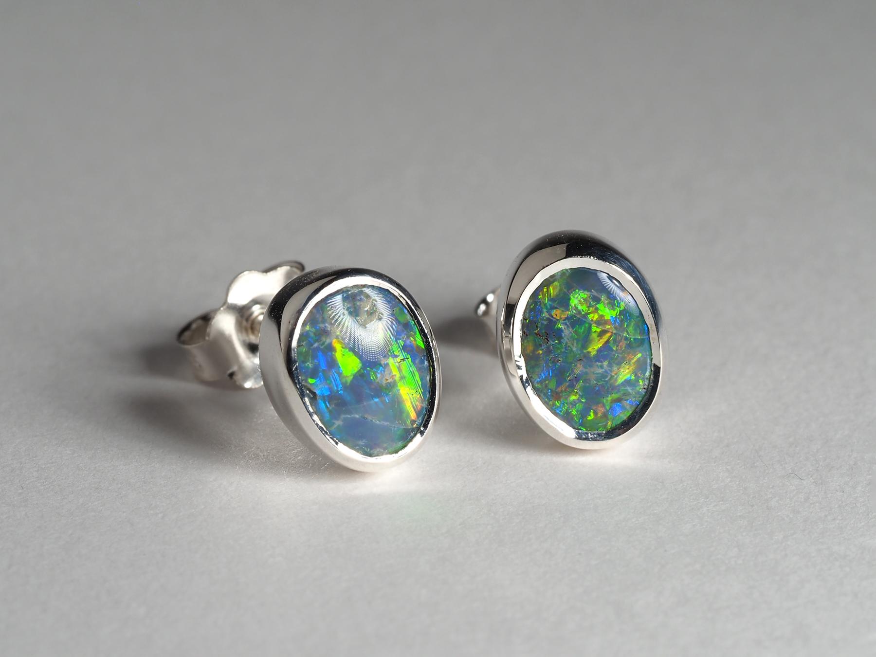Artisan Black Opal Silver Stud Earrings Birthday gift female friend red green blue color For Sale