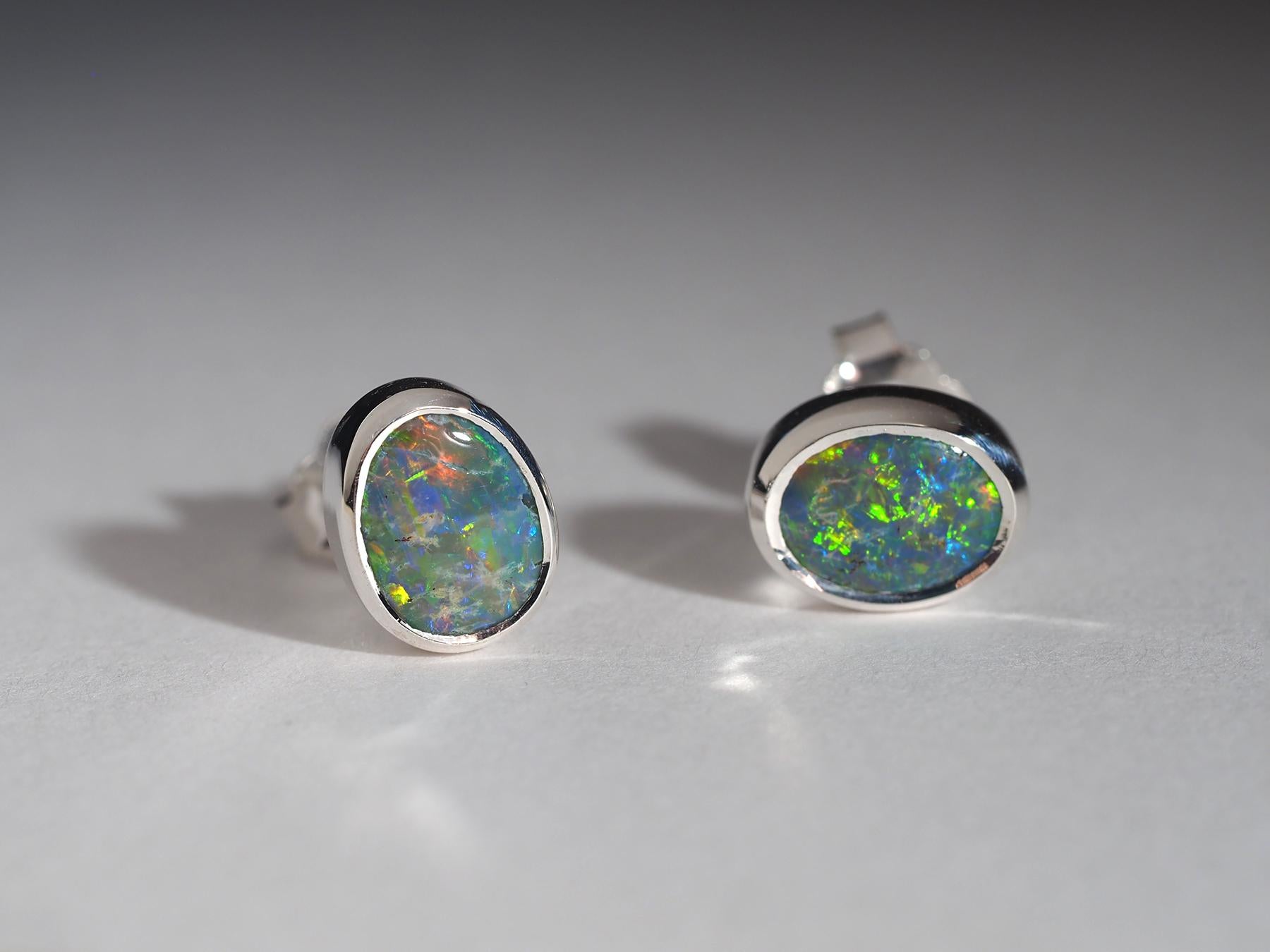 Black Opal Silver Stud Earrings Birthday gift female friend red green blue color For Sale 1