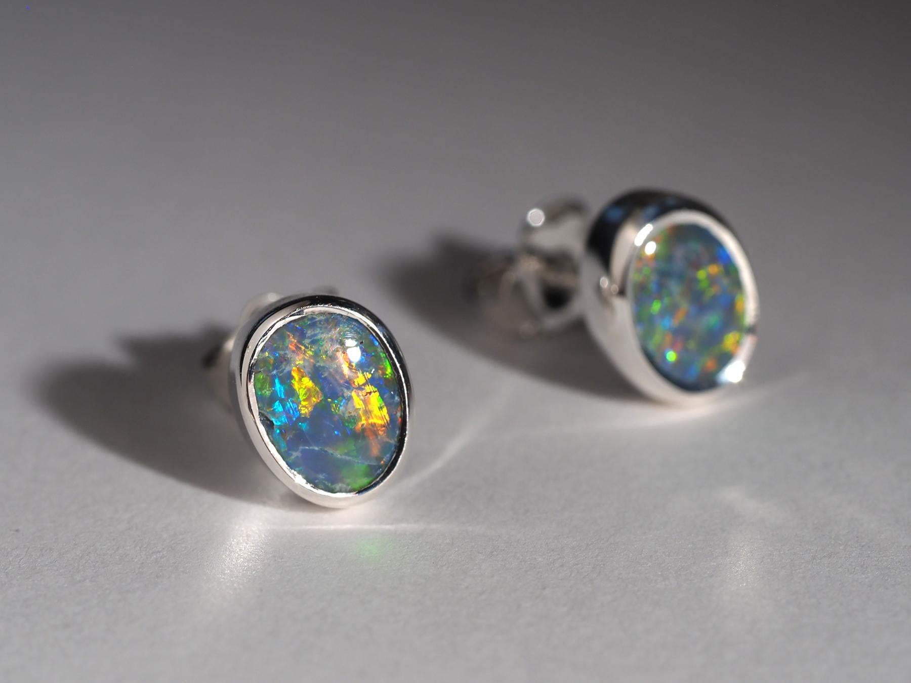 Black Opal Silver Stud Earrings Birthday gift female friend red green blue color For Sale 2