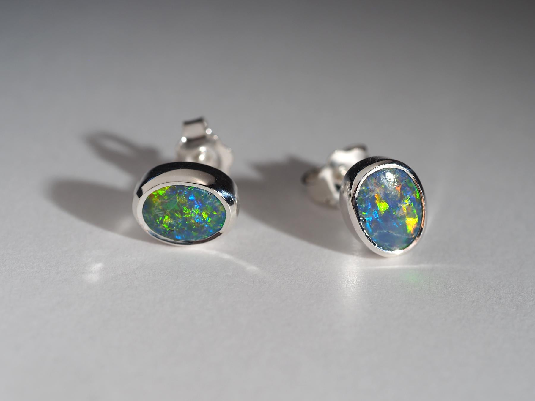 Black Opal Silver Stud Earrings Birthday gift female friend red green blue color For Sale 3