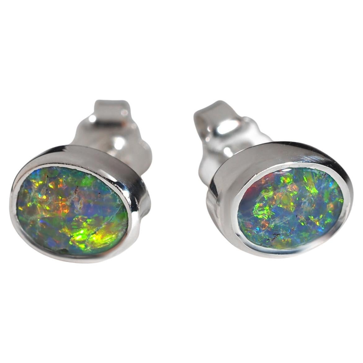 Black Opal Silver Stud Earrings Birthday gift female friend red green blue color For Sale