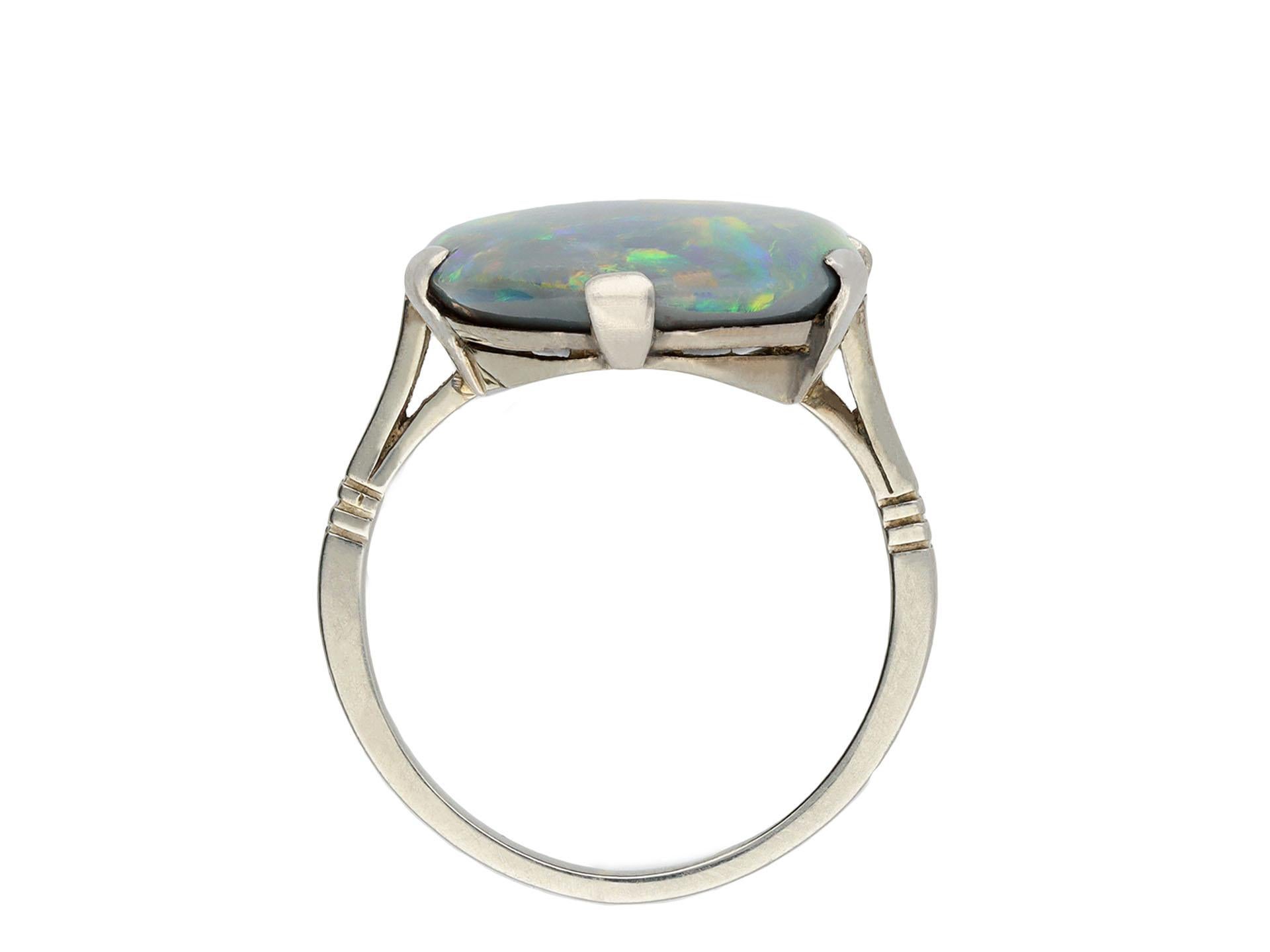 Art Deco Black opal solitaire ring, circa 1930. For Sale