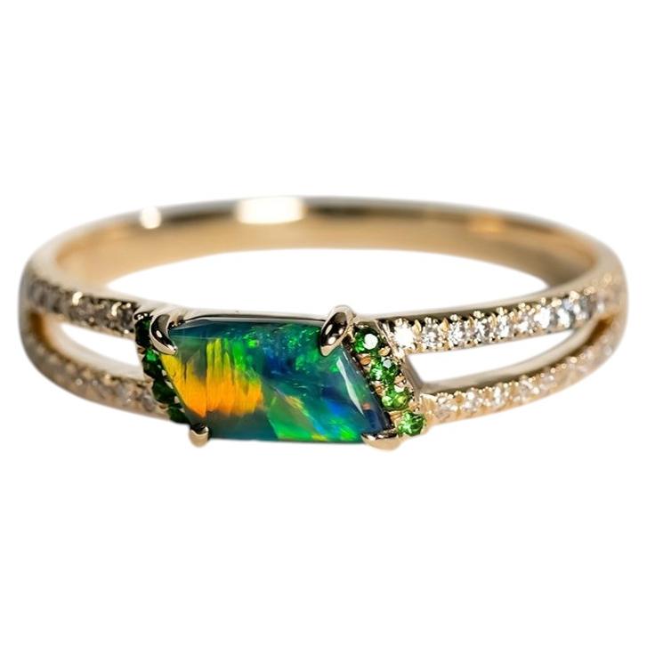 Black Opal Split Shank Engagement Ring with Diamond 14K Yellow Gold For Sale