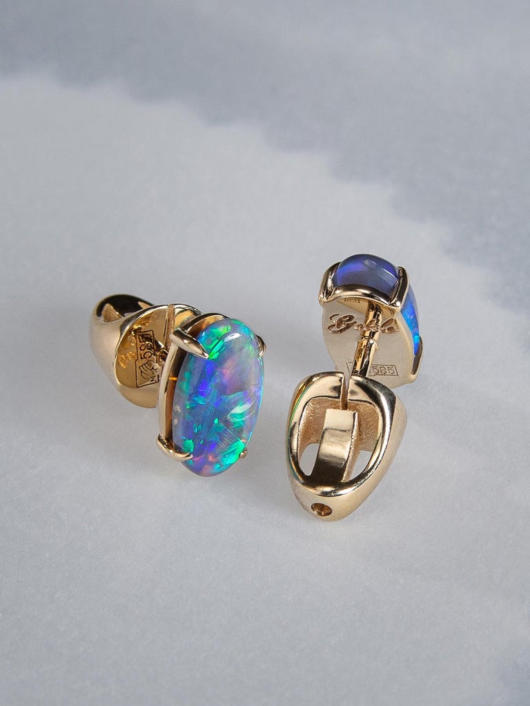 Black Opal Stud Earrings Gold Rainbow Australian Opal Unisex Men's