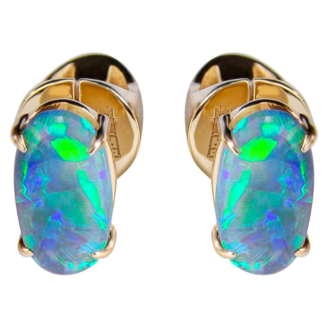 Black Opal Stud Earrings Gold Rainbow Australian Opal Unisex Men's Jewelry Gift