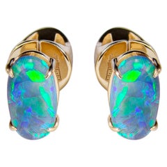 Black Opal Stud Earrings Gold Rainbow Australian Opal Unisex Men's Jewelry Gift