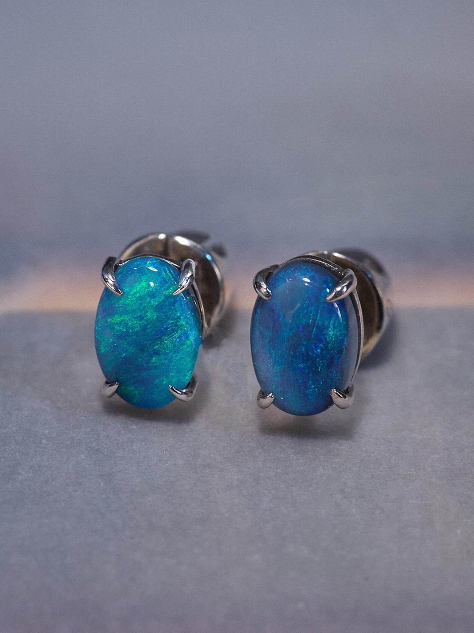 Artisan Black Opal Studs Earrings Natural Blue Australian Gemstones Unisex Jewelry