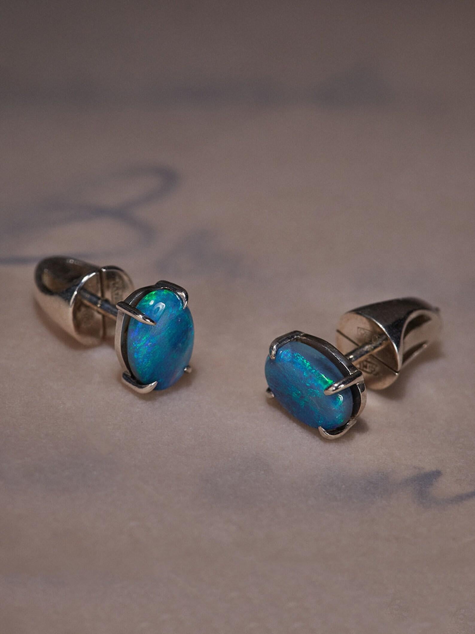 Oval Cut Black Opal Studs Earrings Natural Blue Australian Gemstones Unisex Jewelry