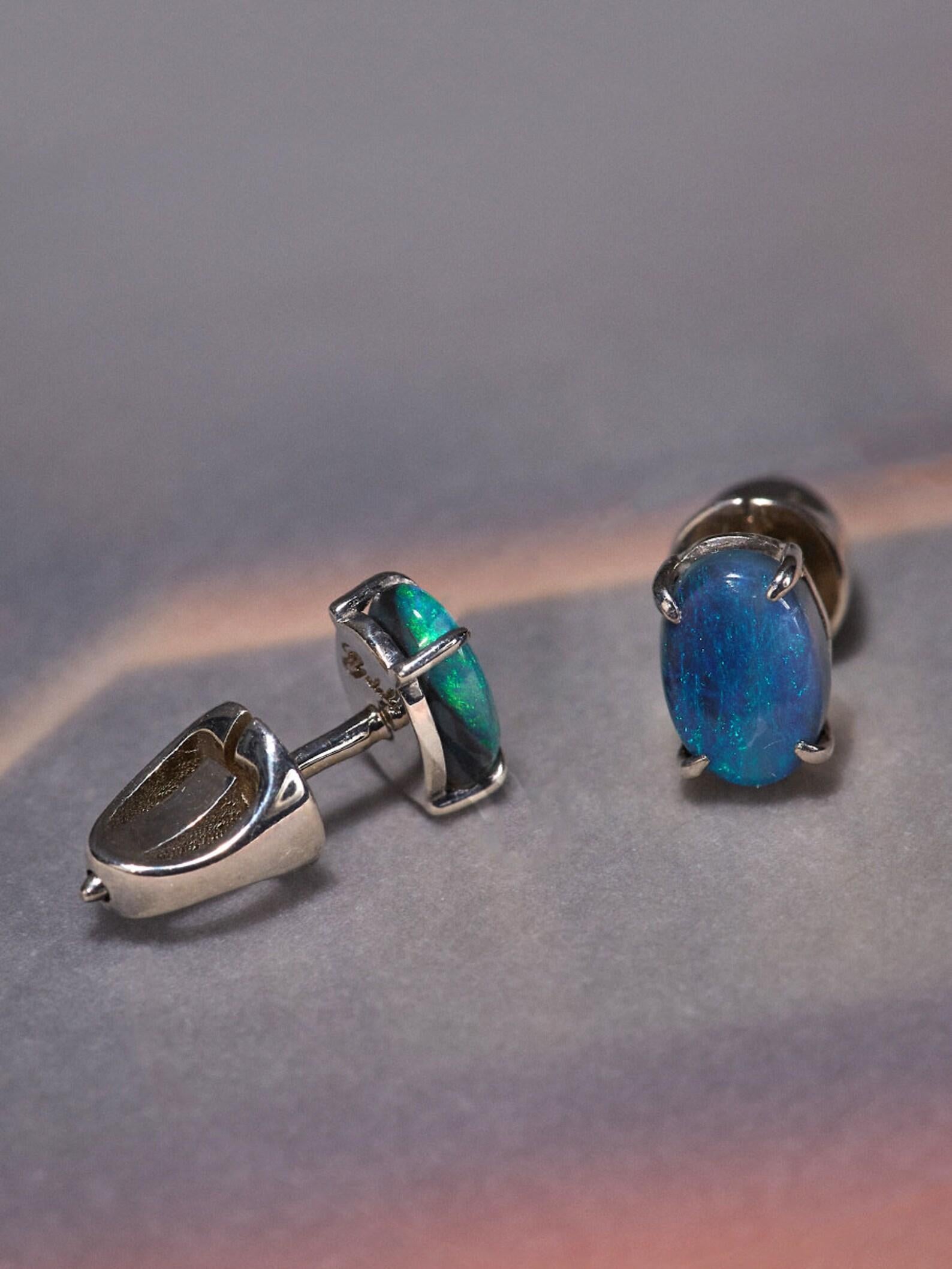 Black Opal Studs Earrings Natural Blue Australian Gemstones Unisex Jewelry 1