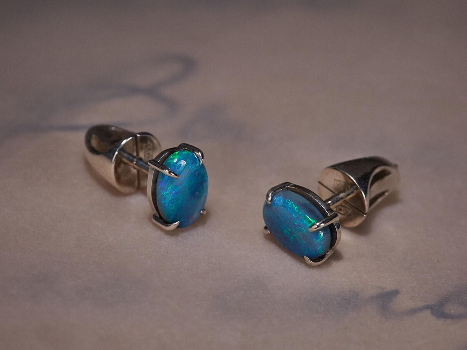 Black Opal Studs Earrings Natural Blue Australian Gemstones Unisex Jewelry For Sale 2
