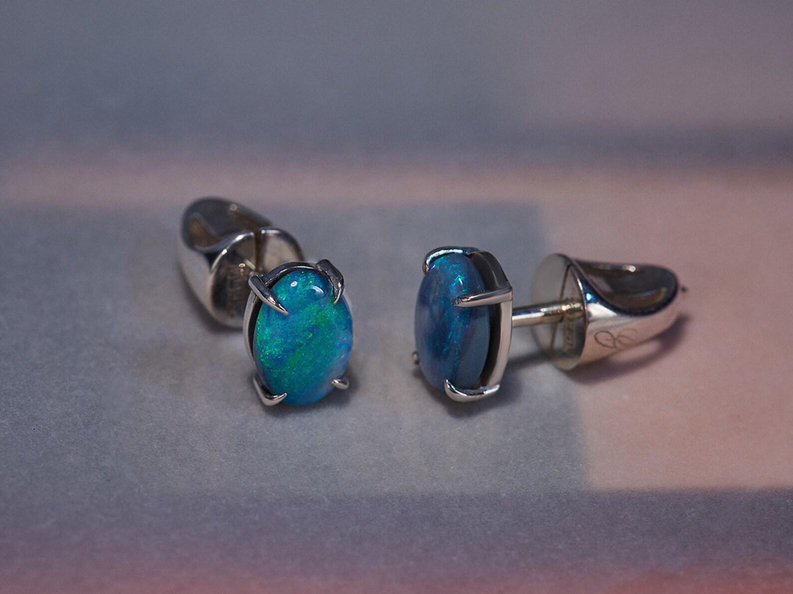 Black Opal Studs Earrings Natural Blue Australian Gemstones Unisex Jewelry 3