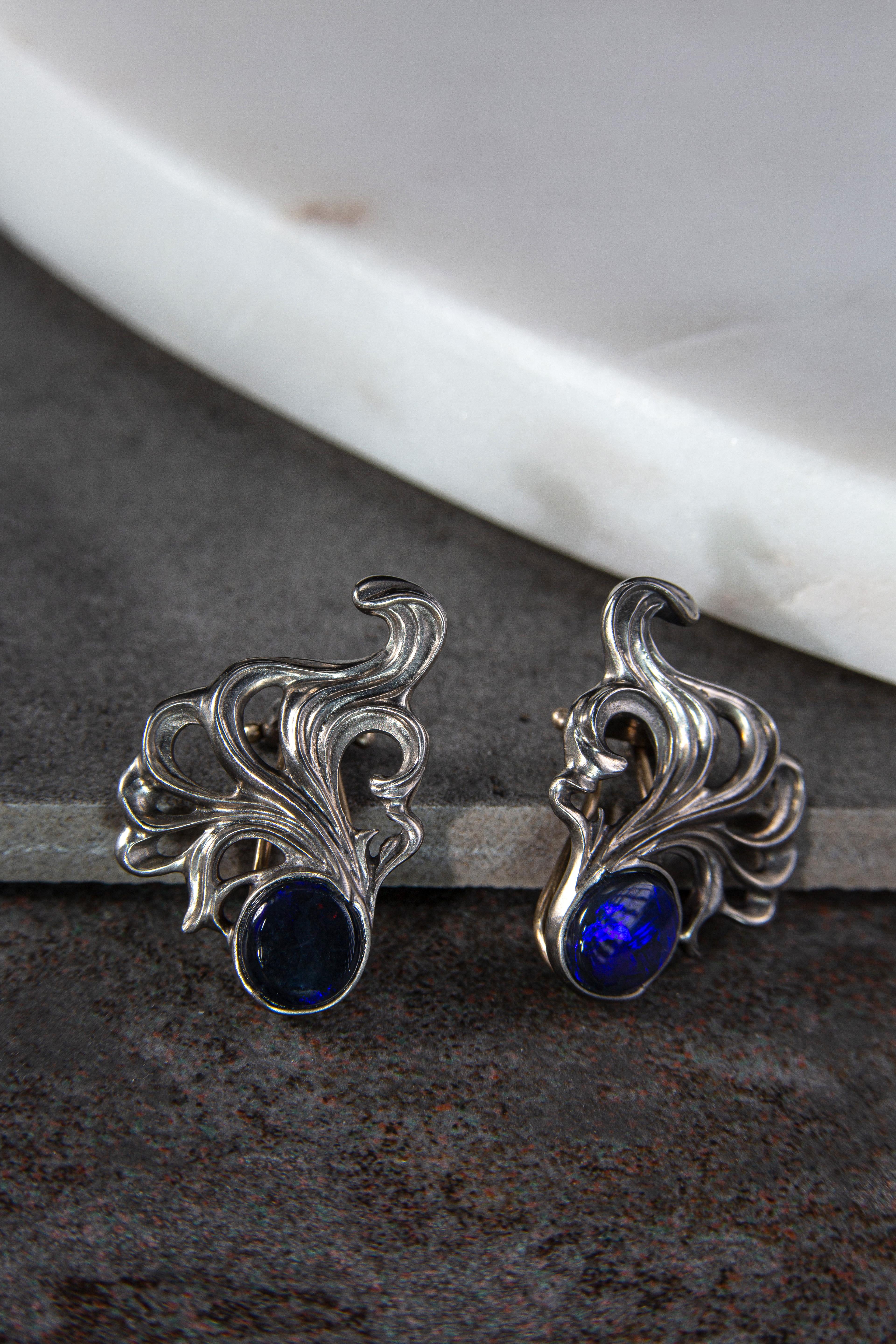 Black Opal Titanium Gold Earrings Deep Neon Blue Fantasy Shape For Sale 1