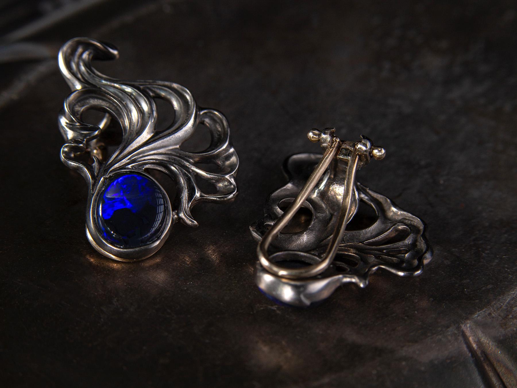 Black Opal Titanium Gold Earrings Deep Neon Blue Fantasy Shape For Sale 2