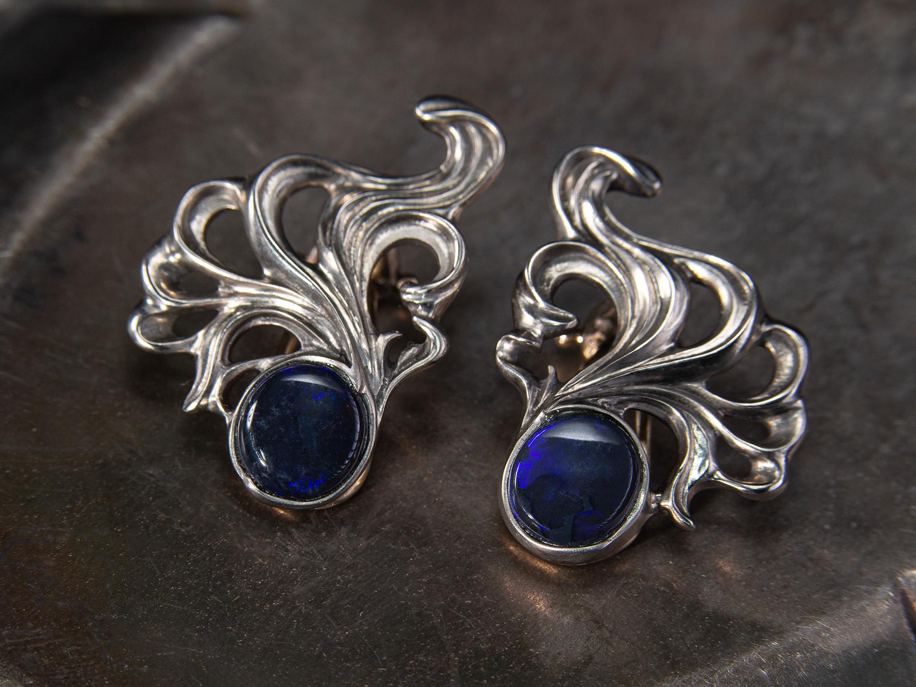 Black Opal Titanium Gold Earrings Deep Neon Blue Fantasy Shape For Sale 3