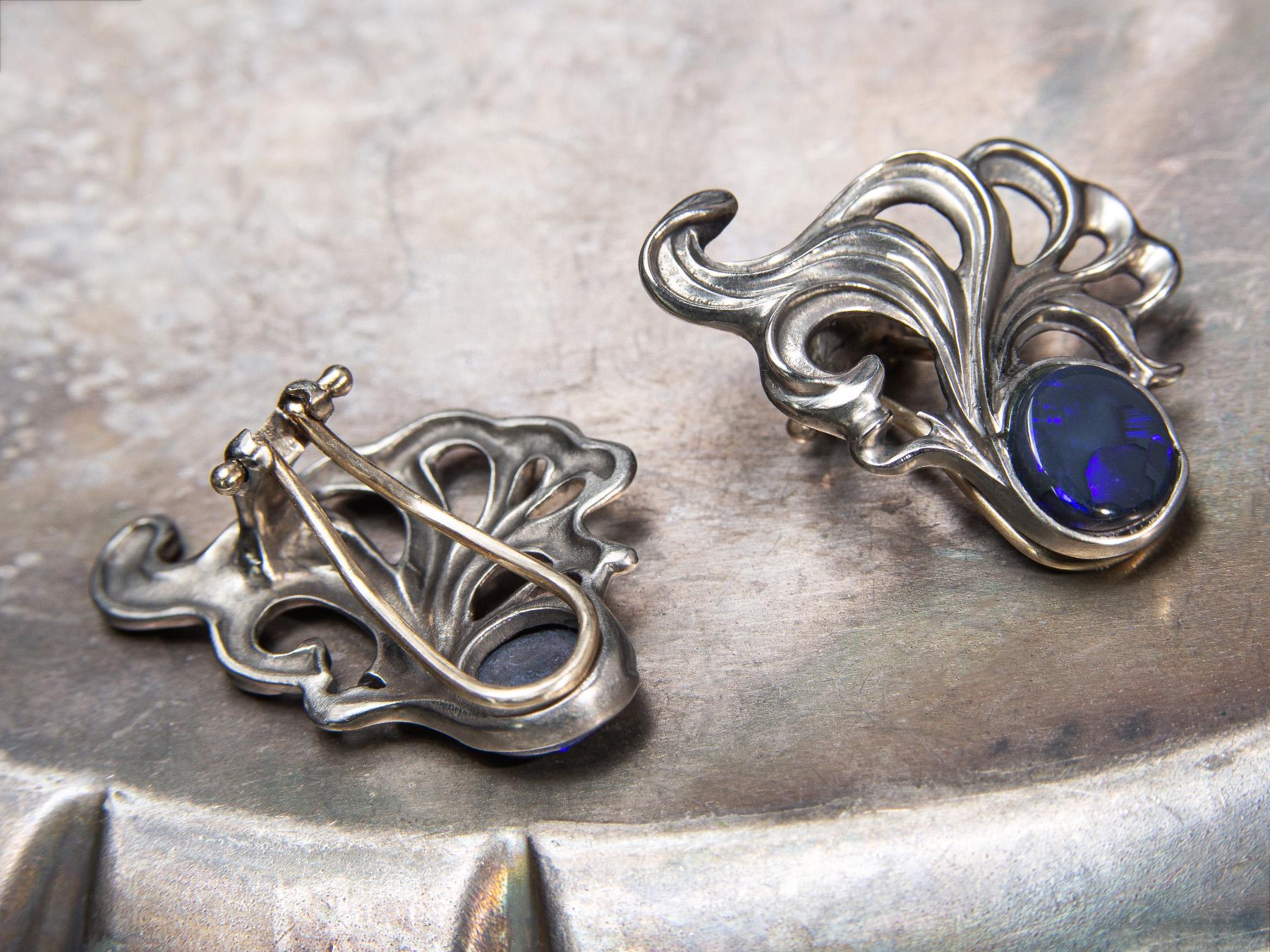 Cabochon Black Opal Titanium Gold Earrings Deep Neon Blue Fantasy Shape For Sale