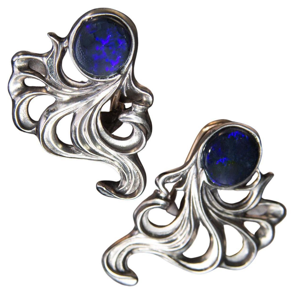 Black Opal Titanium Gold Earrings Deep Neon Blue Fantasy Shape For Sale