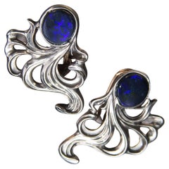 Black Opal Titanium Gold Earrings Deep Neon Blue Fantasy Shape