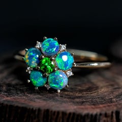 Bague de fiançailles en or 14K avec opale noire, tsavorite et diamant