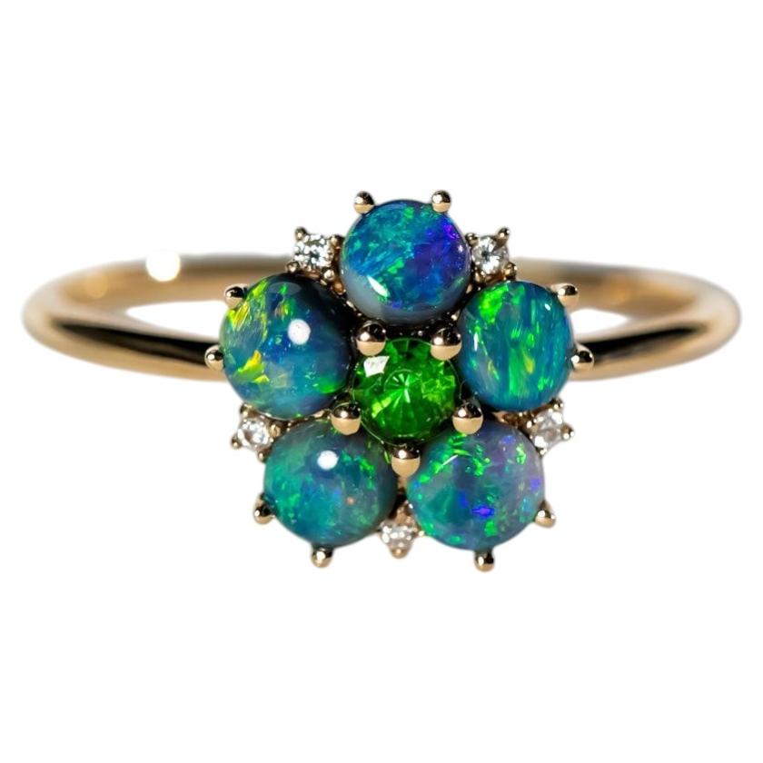 Anello di fidanzamento floreale con opale nero, tsavorite e diamante in oro 14K