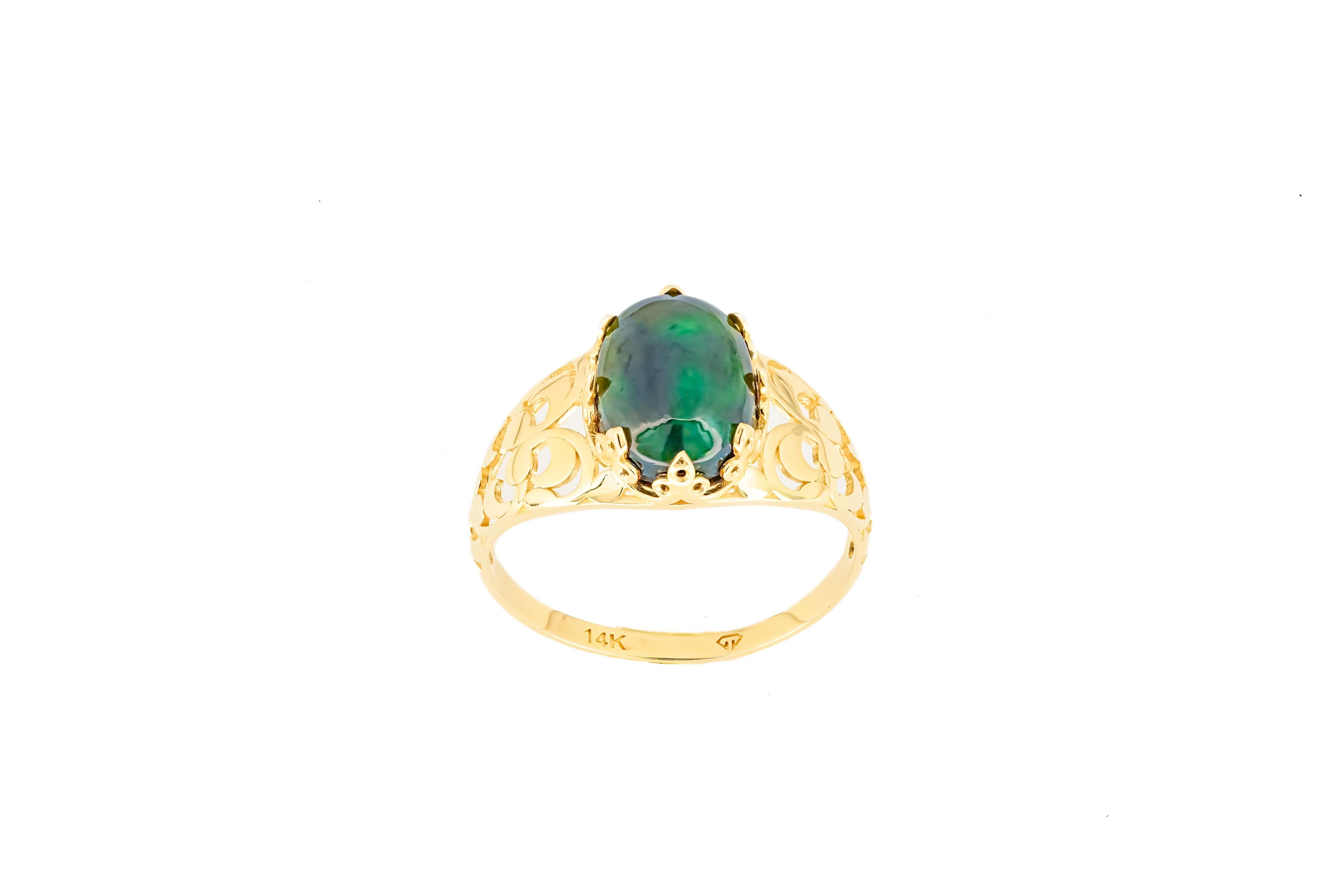 For Sale:  Black Opal Vitage Style Ring in 14 Karat Gold, Ethiopian Opal Cabochon Ring 8