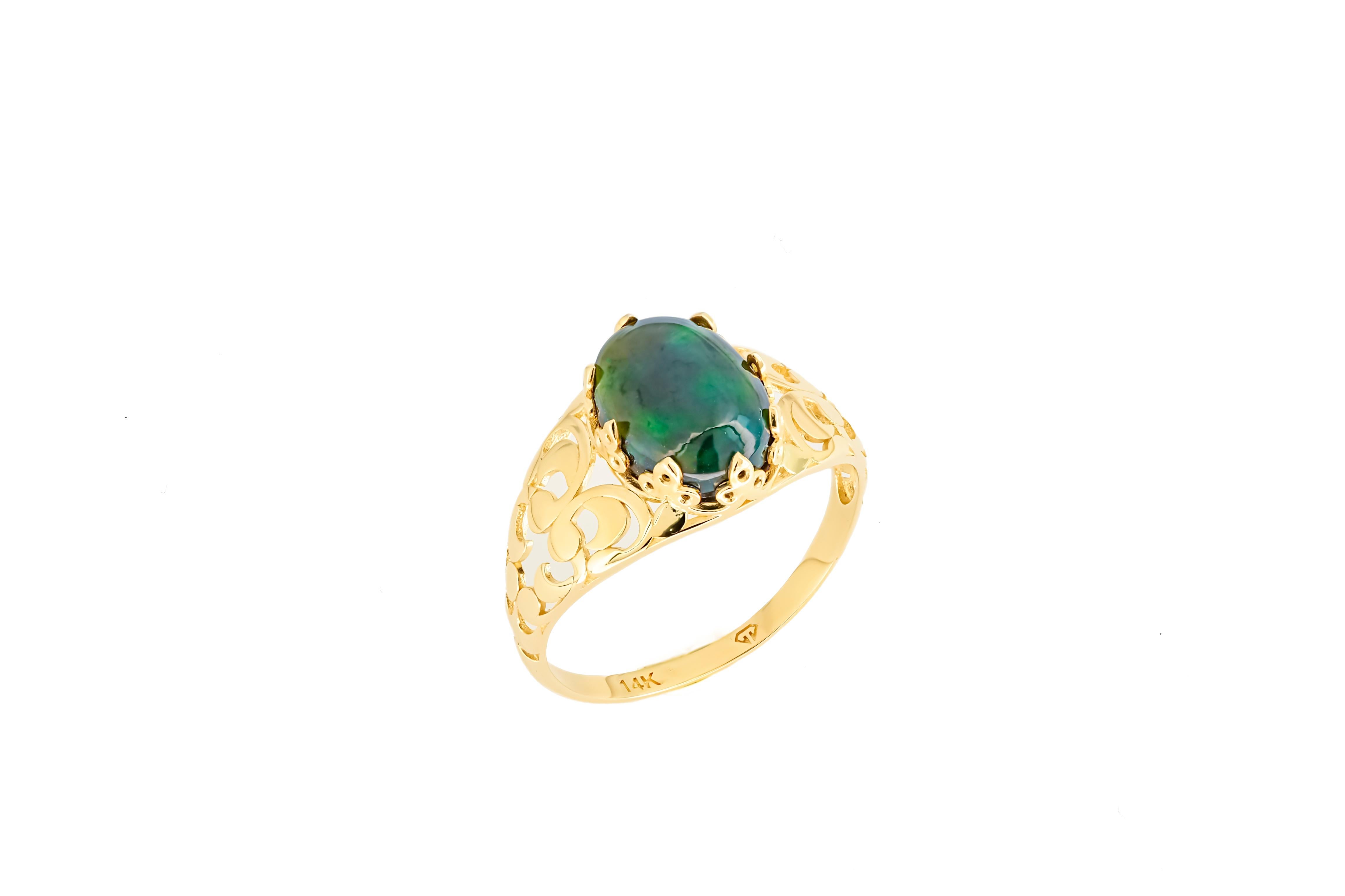 For Sale:  Black Opal Vitage Style Ring in 14 Karat Gold, Ethiopian Opal Cabochon Ring 9