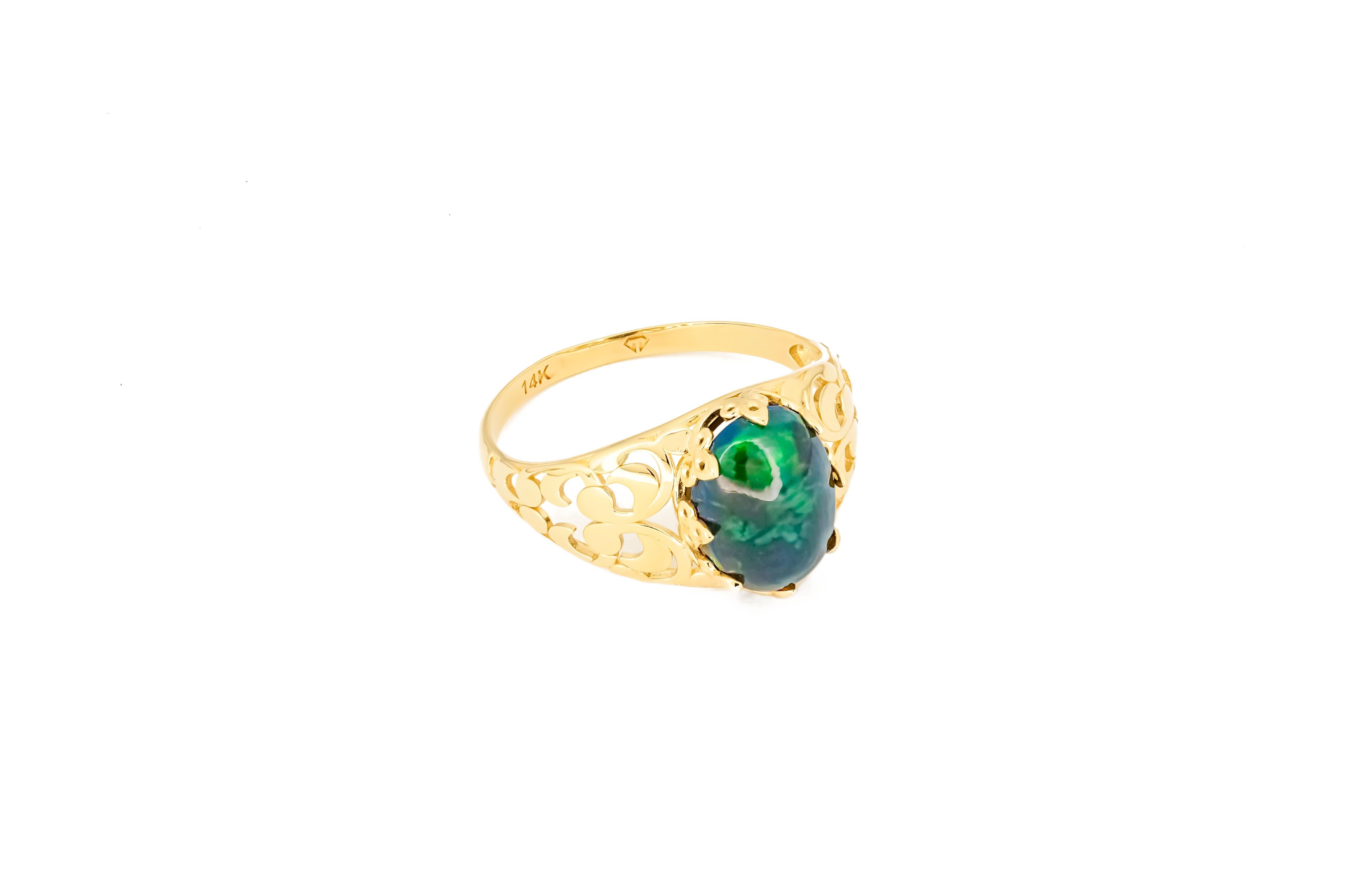 For Sale:  Black Opal Vitage Style Ring in 14 Karat Gold, Ethiopian Opal Cabochon Ring 5