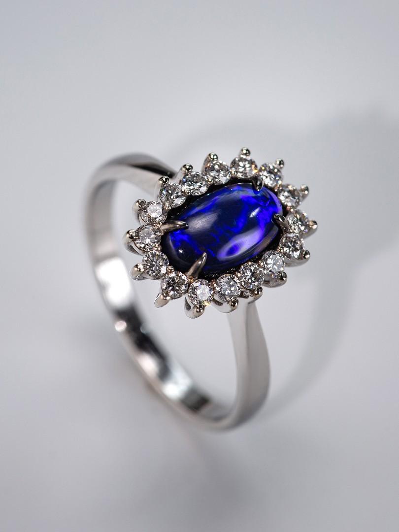 Black Opal White Gold Diamond Engagement Ring Natural Electric neon Blue Gem For Sale 3
