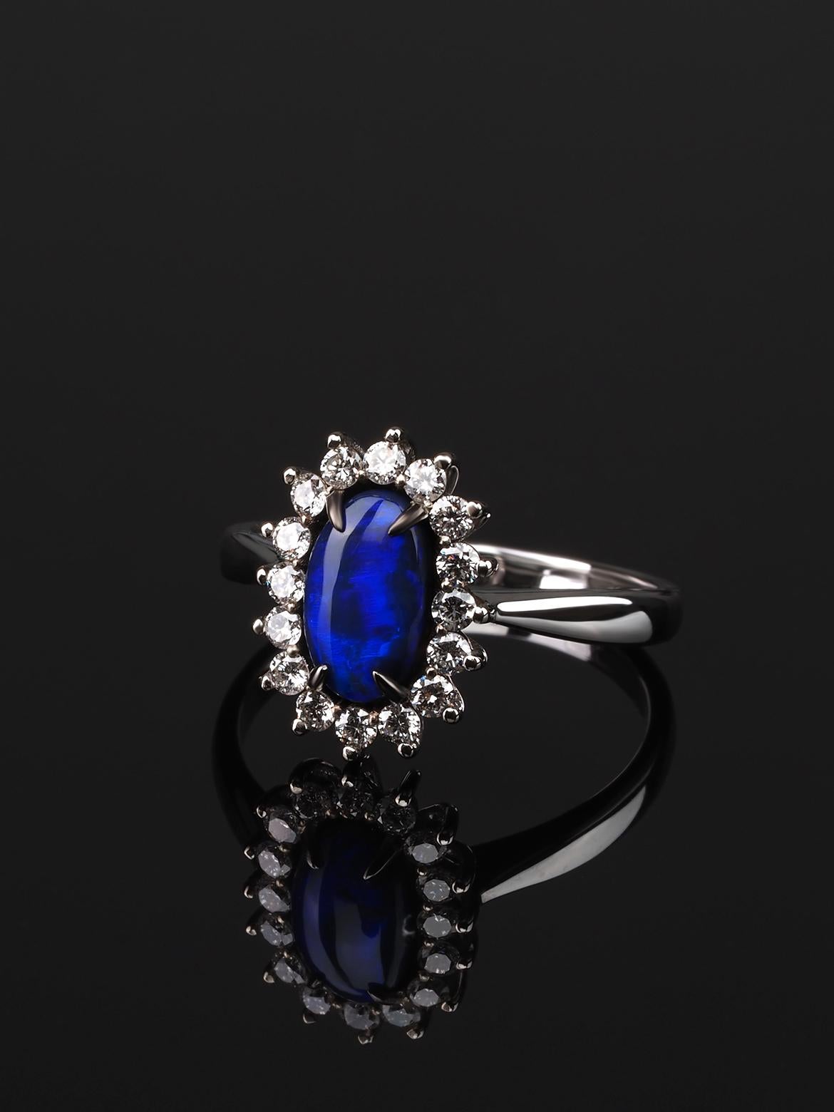 Art Deco Black Opal White Gold Diamond Engagement Ring Natural Electric neon Blue Gem For Sale