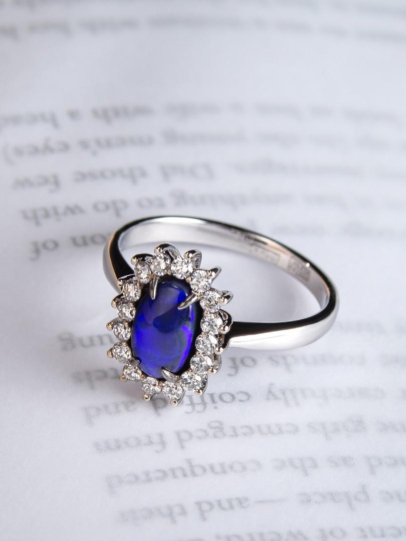 Black Opal White Gold Diamond Engagement Ring Natural Electric neon Blue Gem For Sale 2