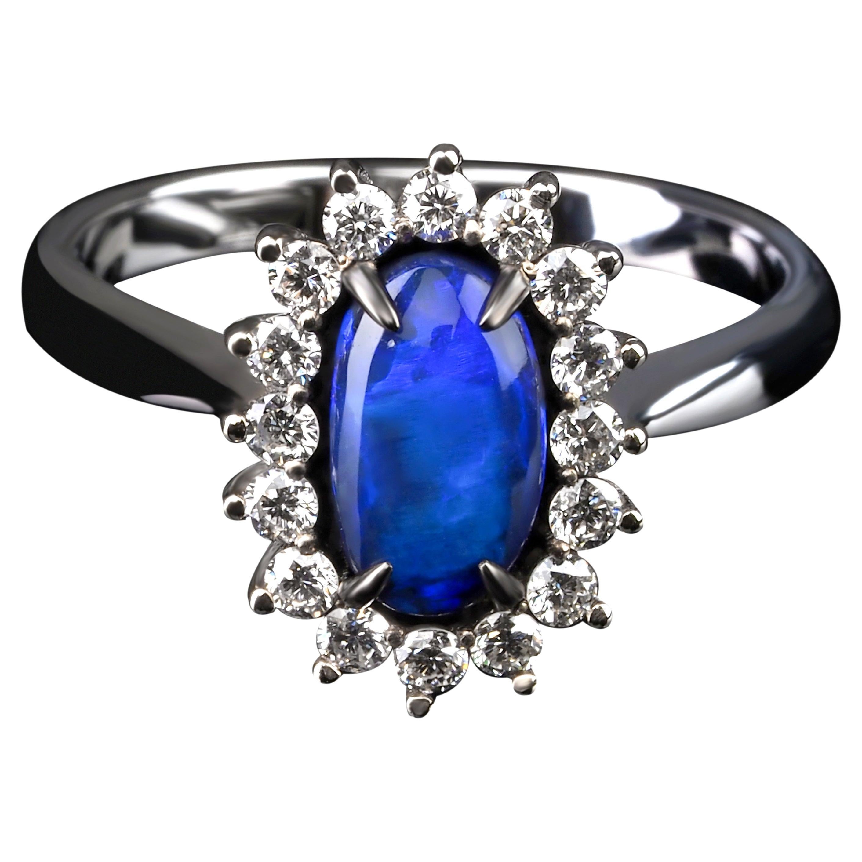 Black Opal White Gold Diamond Engagement Ring Natural Electric neon Blue Gem For Sale