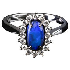 Bague de fiançailles en or blanc avec opale noire et diamant, pierre précieuse bleu néon électrique naturelle