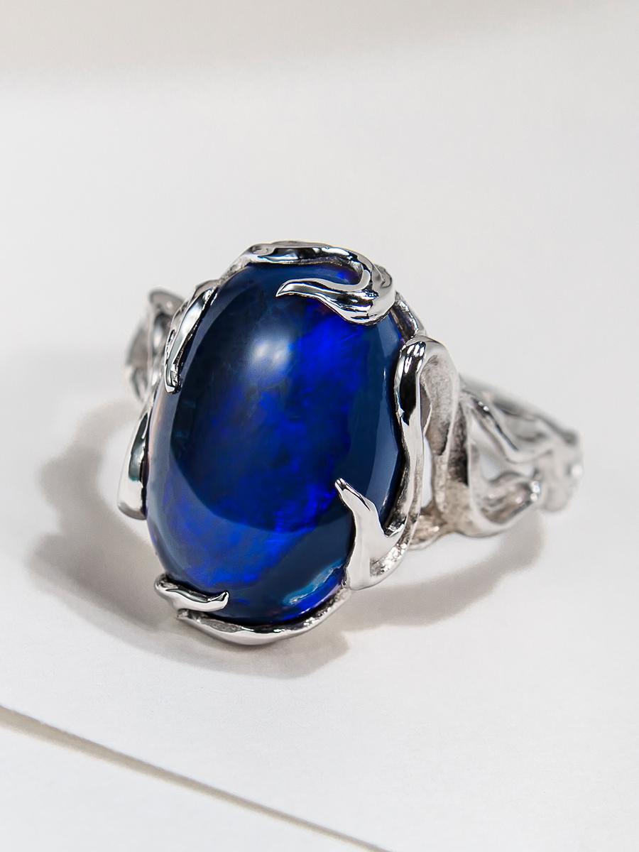 Art Nouveau Black Opal gold ring blue Australian gemstone Engagement ring