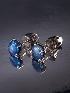 Pendientes Oro Blanco Ópalo Negro Cabujón Azul Oscuro Unisex