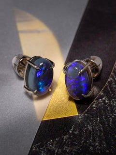 Black Opal White Gold Stud Earrings Neon Deep Purple Cabochons Minimalism Unisex