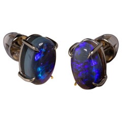 Black Opal White Gold Stud Earrings Neon Deep Purple Cabochons Minimalism Unisex