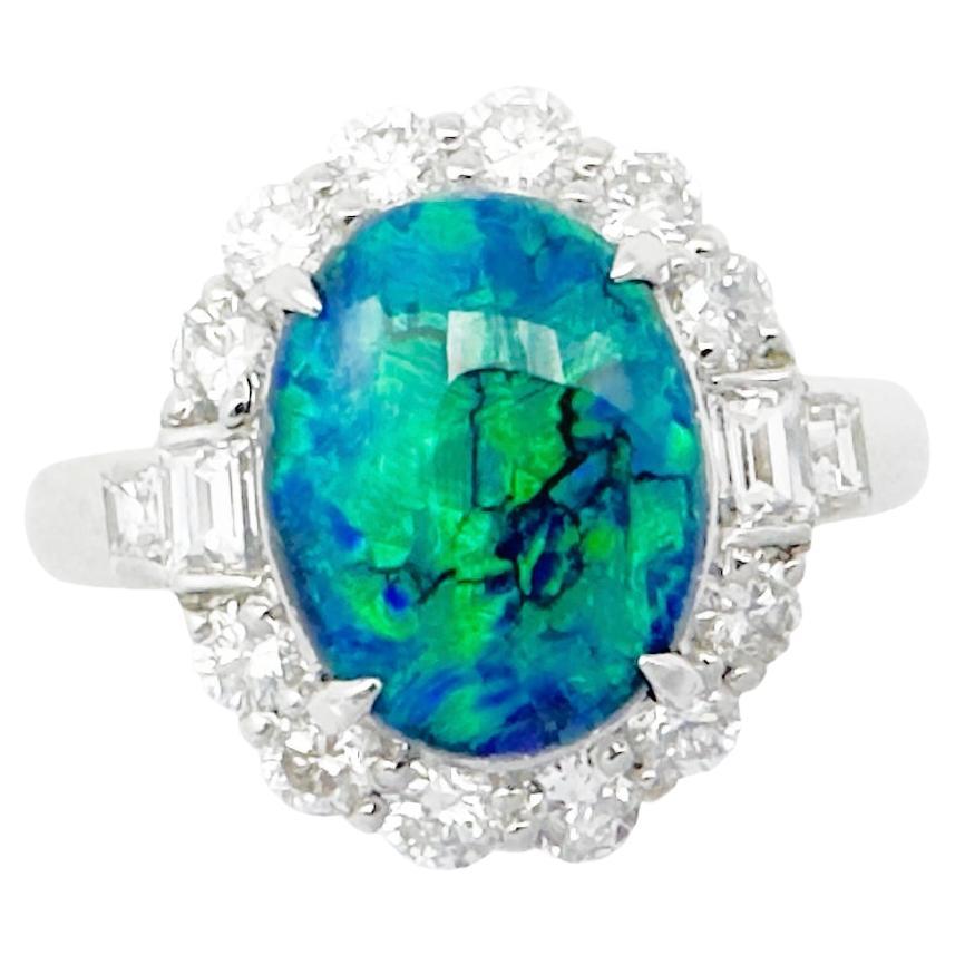 Black Opal with Diamond Ring set in Platinum 900 Setting