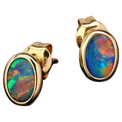 Black Opal Yellow Gold Earrings Bright Multicolor Australian Gems Unisex