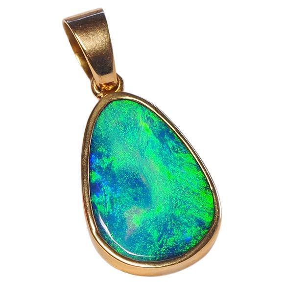 Black Opal Yellow Gold Pendant Blue Green Natural Gem Magic Power Mermaid Style For Sale