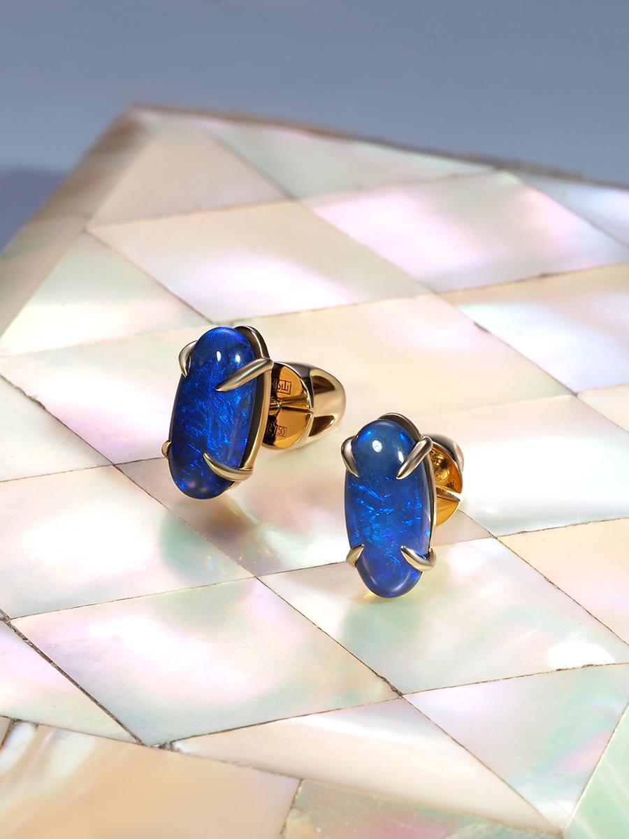 Black Opal Yellow Gold Stud Earrings Natural Blue Opal Australian For Sale 3