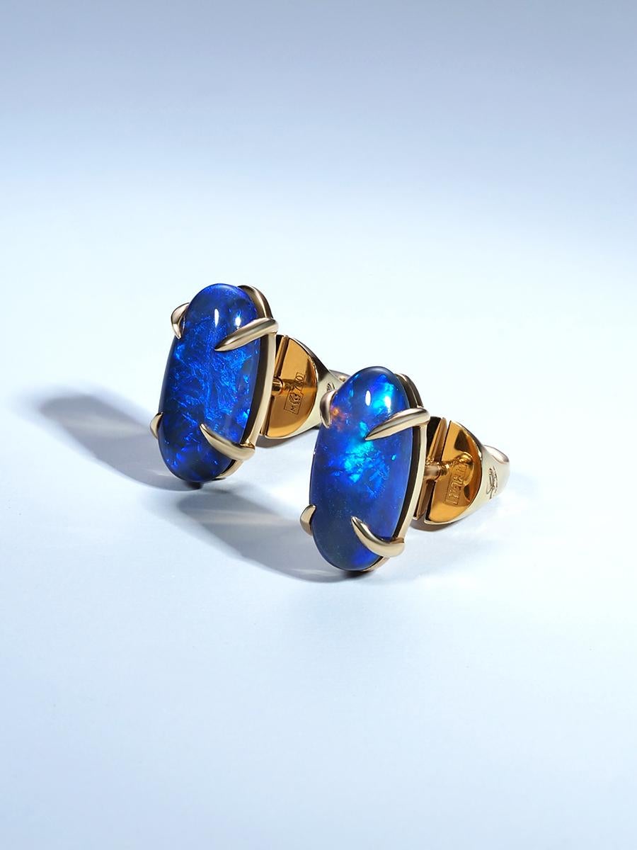 Black Opal Yellow Gold Stud Earrings Natural Blue Opal Australian For Sale 4