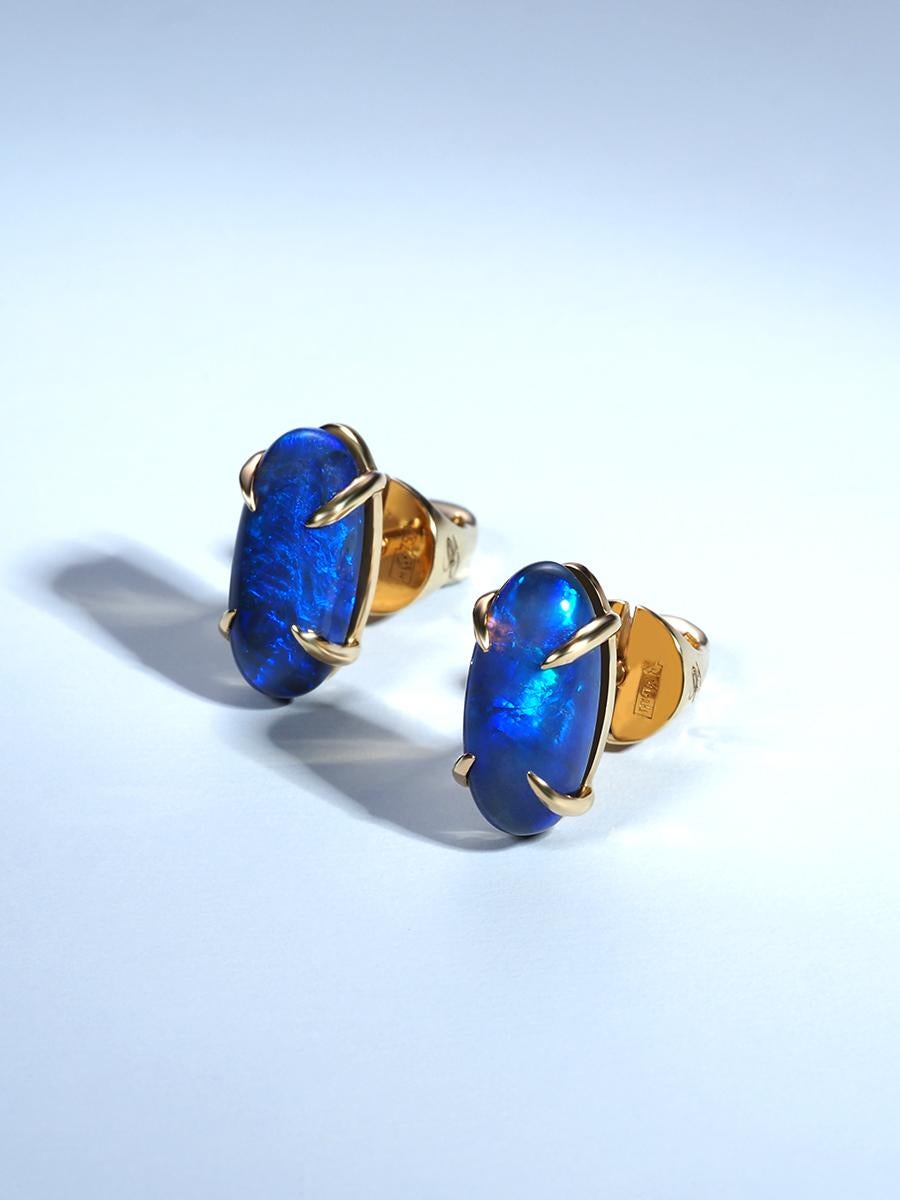 Black Opal Yellow Gold Stud Earrings Natural Blue Opal Australian For Sale 5