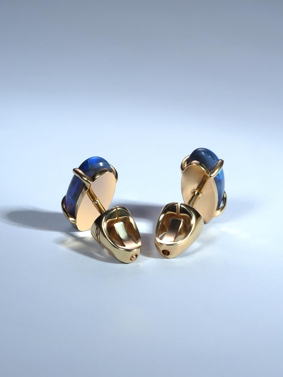 Black Opal Yellow Gold Stud Earrings Natural Blue Opal Australian For Sale 6