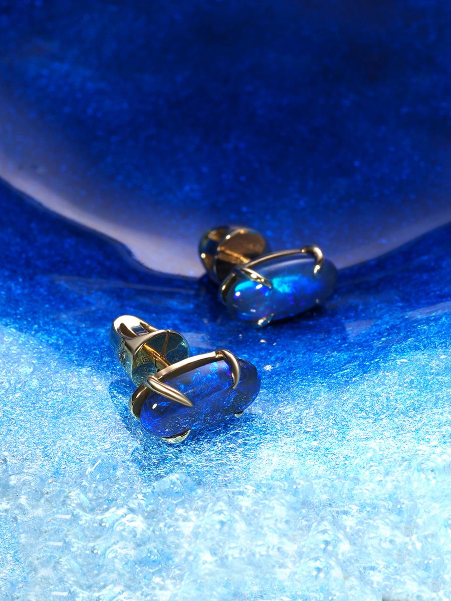 Oval Cut Black Opal Yellow Gold Stud Earrings Natural Blue Opal Australian For Sale