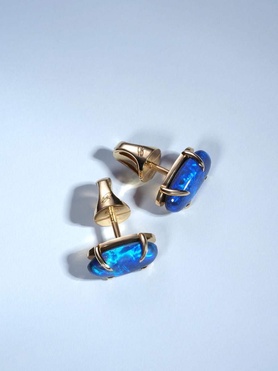 Black Opal Yellow Gold Stud Earrings Natural Blue Opal Australian For Sale 1