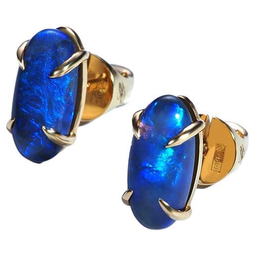 Black Opal Yellow Gold Stud Earrings Natural Blue Opal Australian