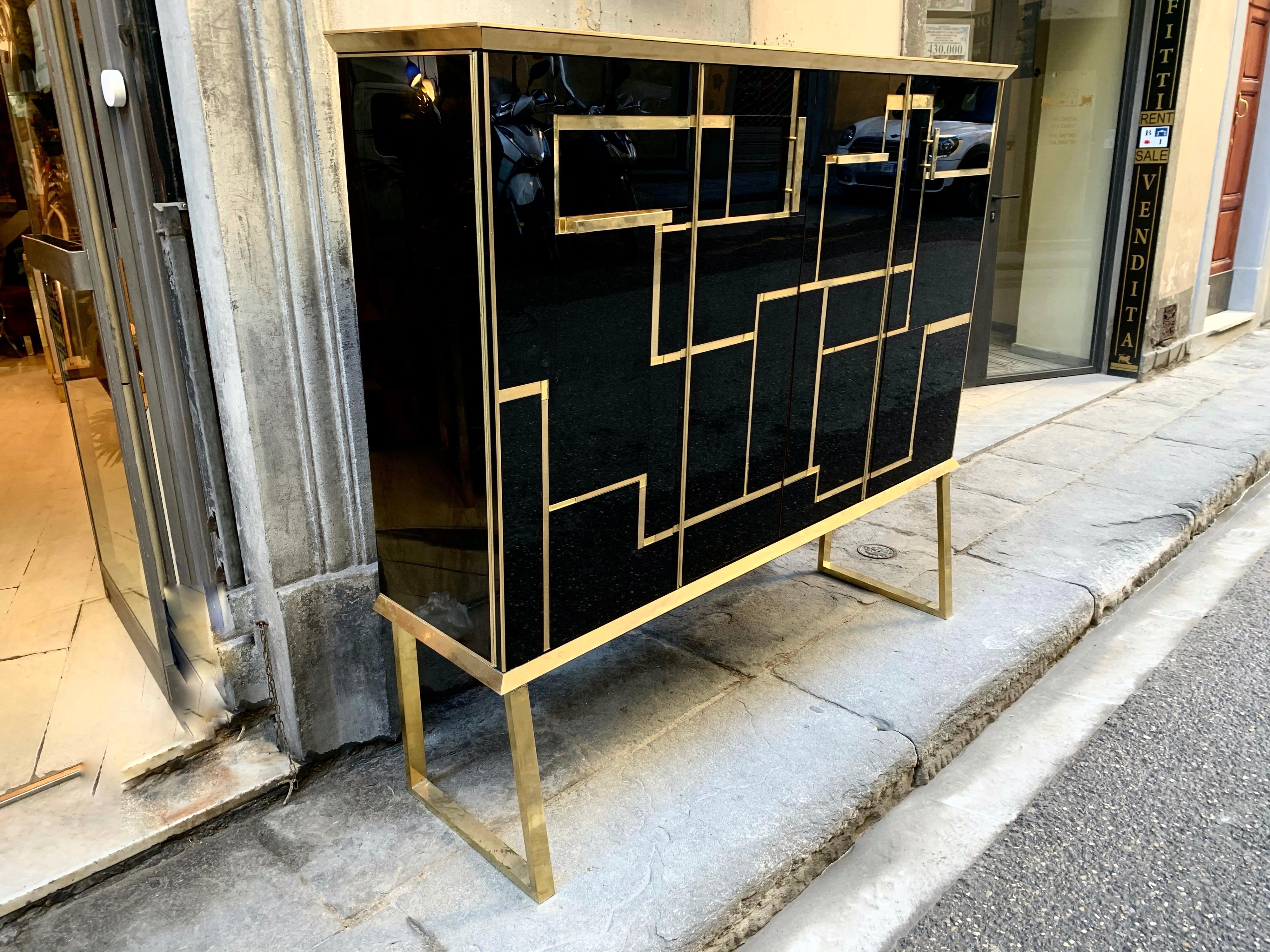 Mid-Century Modern Black Opaline Glass Big Cabinet with Brass and Gold opaline Glass Inserts, 1960s