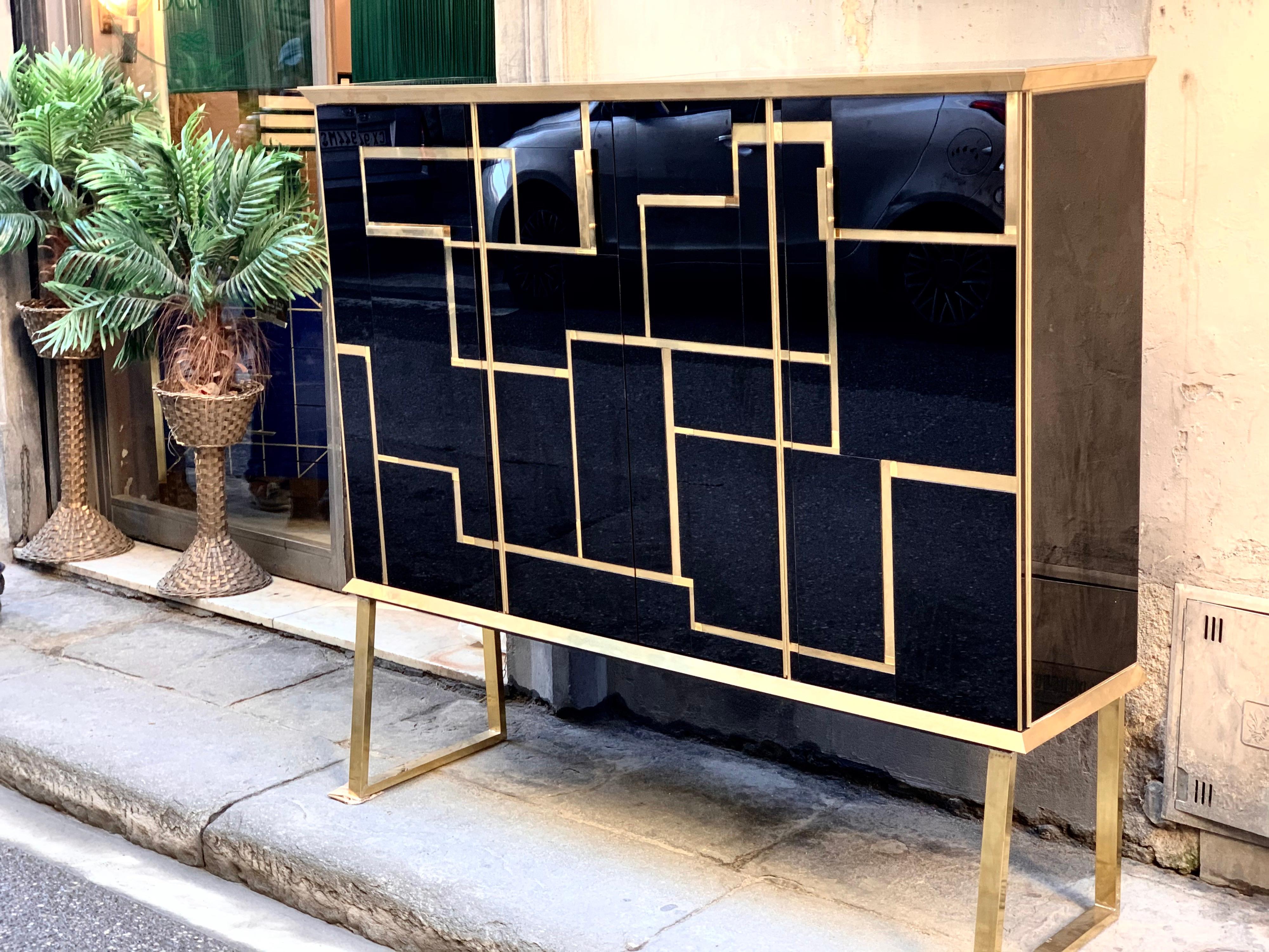 Italian Black Opaline Glass Big Cabinet with Brass and Gold opaline Glass Inserts, 1960s
